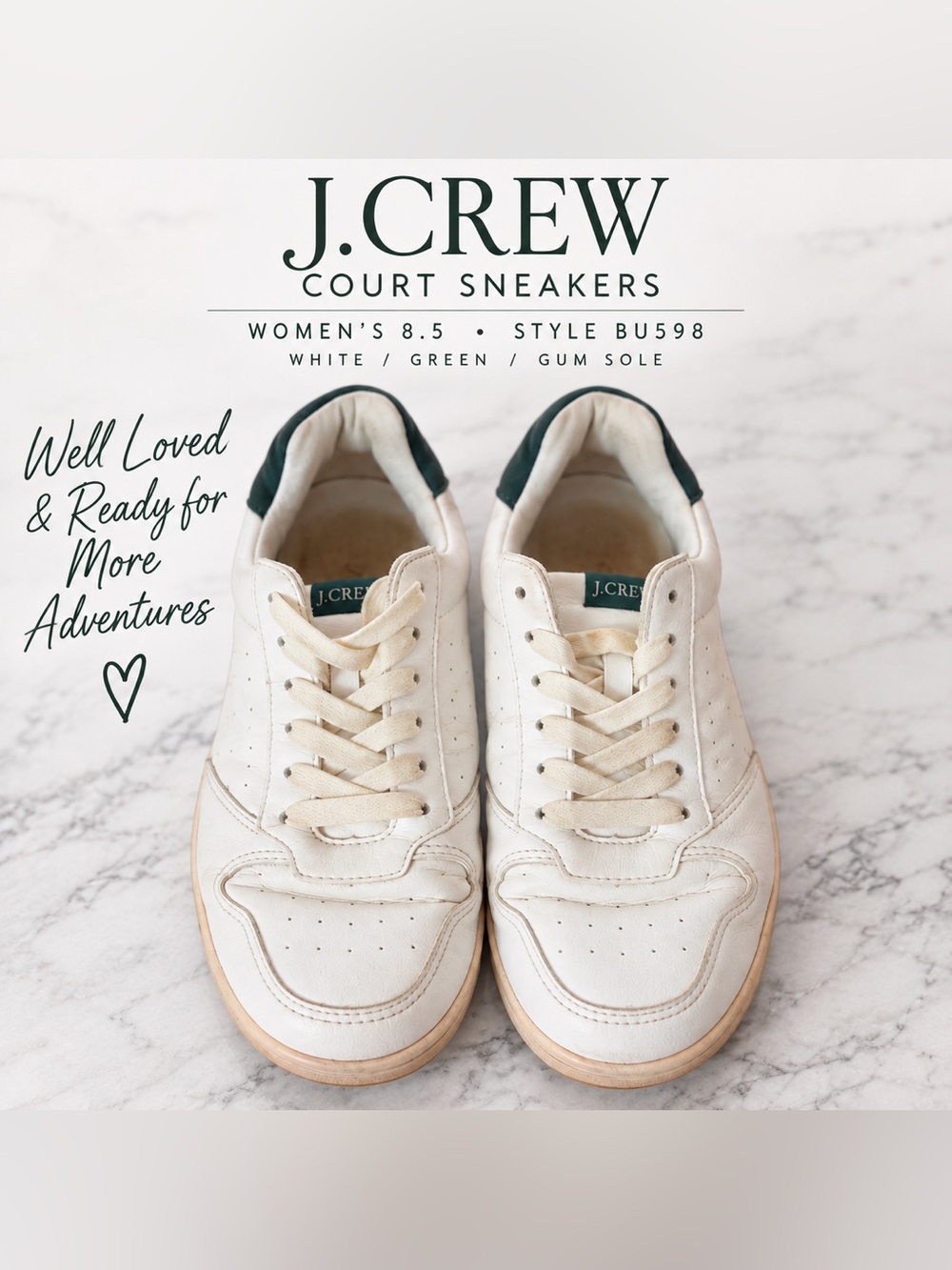 J Crew Court Sneakers • Women’s Size 8.5 • White/Green •